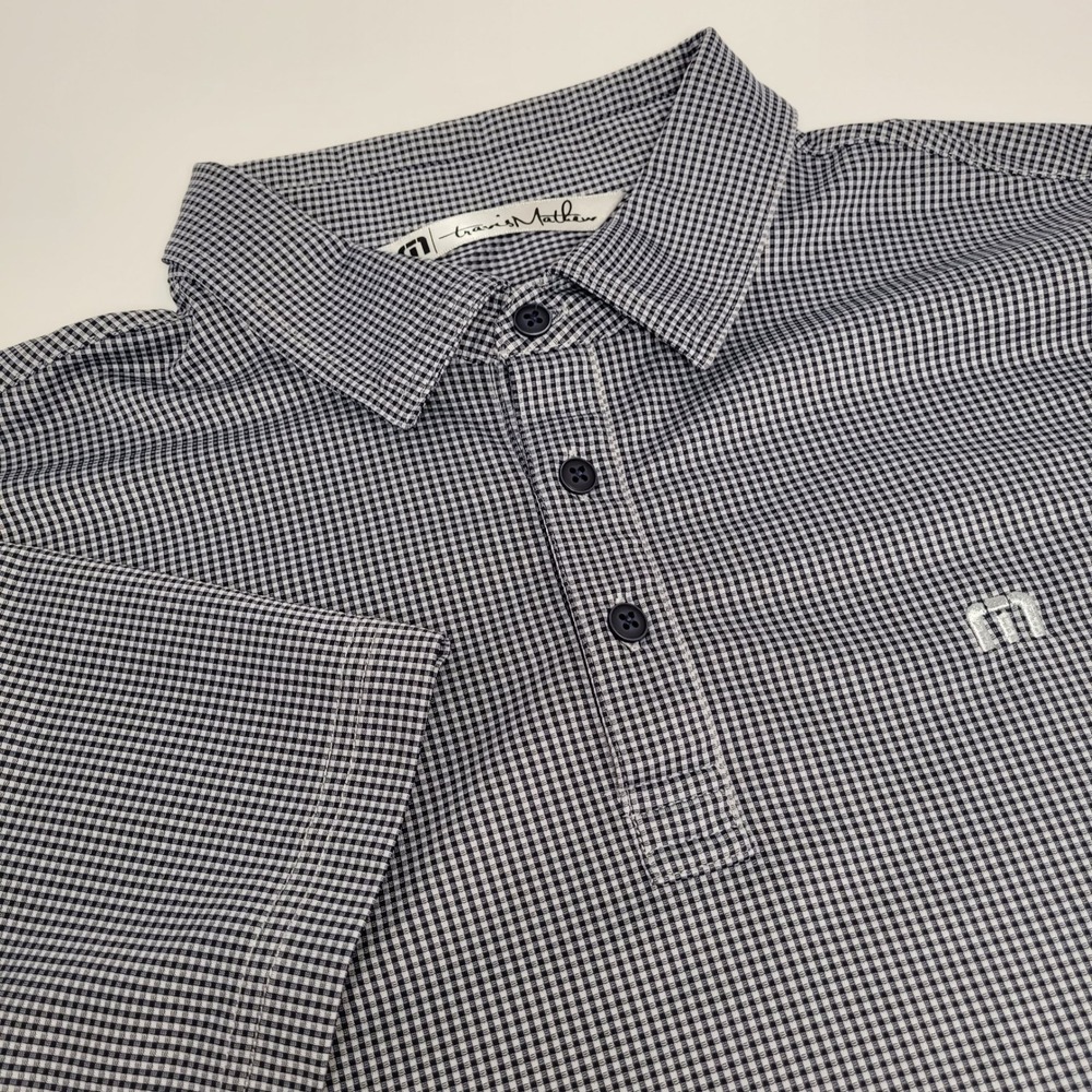 TravisMathew Polo Shirt Mens L Navy Blue White Gingham Check Stretch Excellent